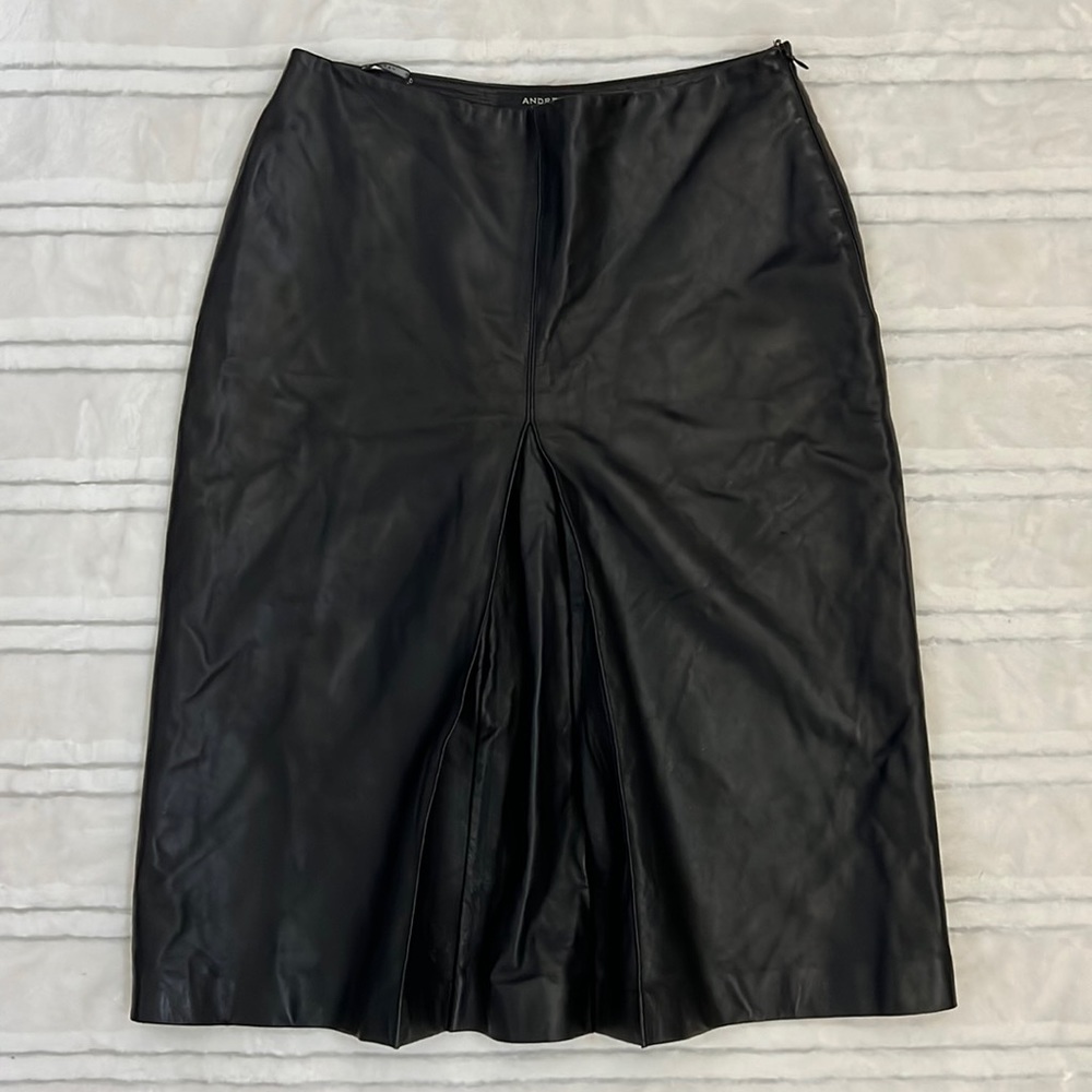 Andrew Marc Genuine Leather Black Midi Skirt